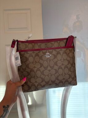 Coach Brown Signature Canvas Crossbody with Dark Fuchsia Brand New